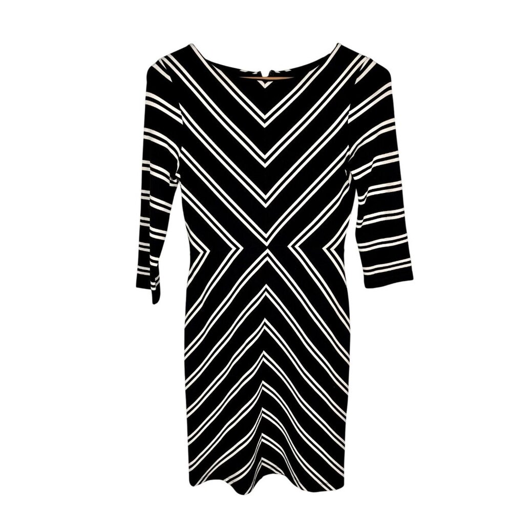 HOBBS LONDON Women's Black White Chevron Stripe Jersey Fit & Flare Dress US 4